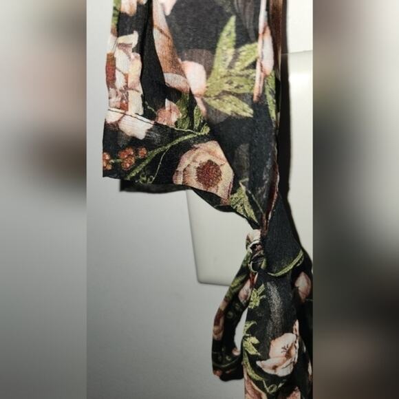 Floral Cold Shoulder Top Long Sleeve Sheer Blouse Tie Cuffs - Picture 4 of 8